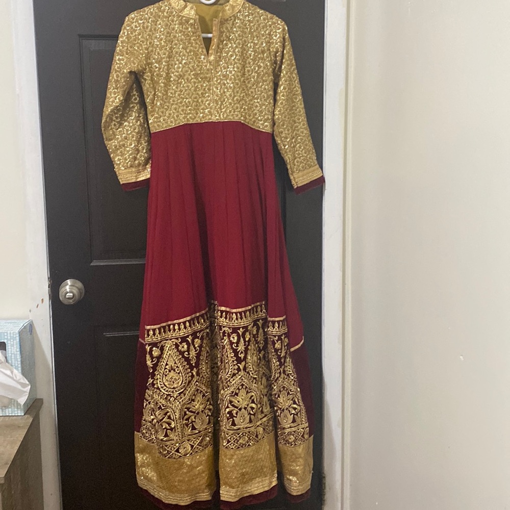 Red anarkali gown with golden work